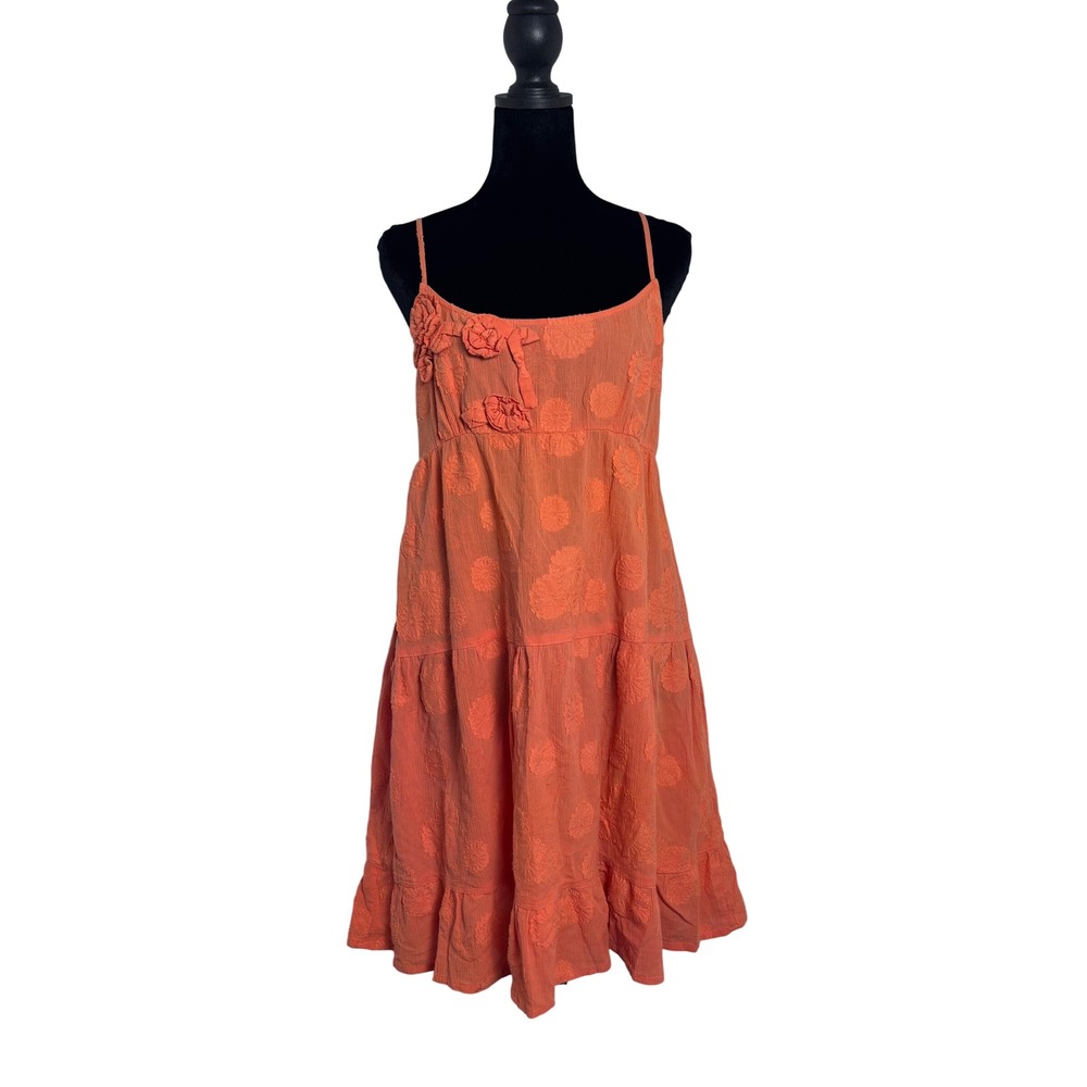 Eloise Tiered Dress Women L Coral Very Good Floral Rosette Cotton Sun Dress